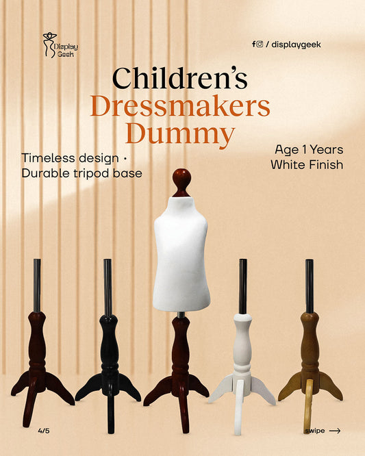 Children’s dressmakers dummy with durable tripod base – white finish, ages 2–4