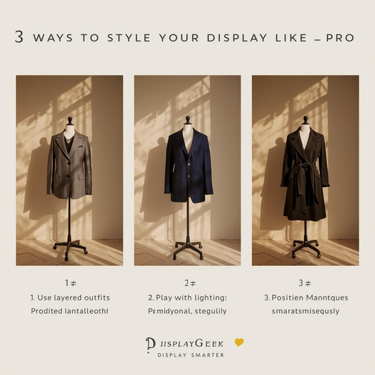 Professional store display setup using DisplayGeek tailor’s dummies and mannequins in boutique lighting