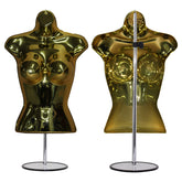 Female shiny gold three-quarter plastic body form mannequin with round base stand for clothing display.