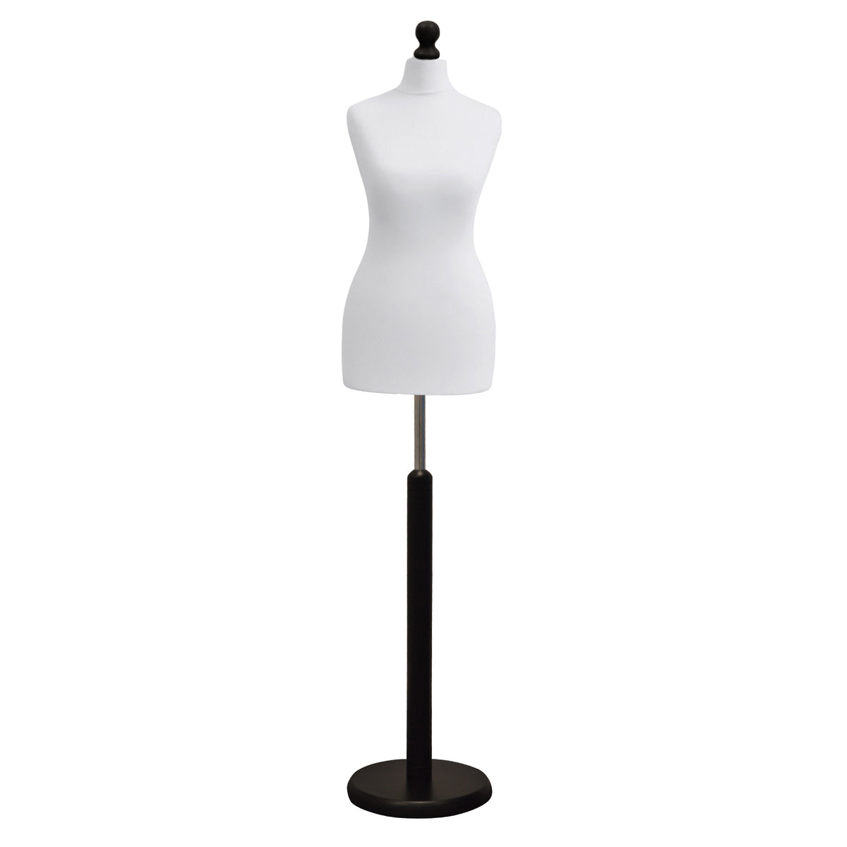 Display Geek Female Dressmakers Dummy White Torso with Blackwood Round Base Stand