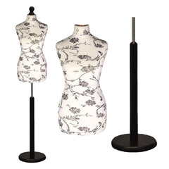 Female Dressmakers Mannequin Black Floral with Black Wood Round Stand