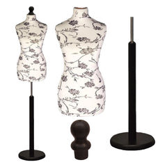 Female Dressmakers Mannequin Black Floral with Black Wood Round Stand