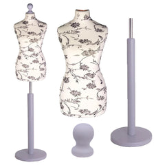 Female Dressmakers Mannequin Black Floral with Silver Wood Round Stand