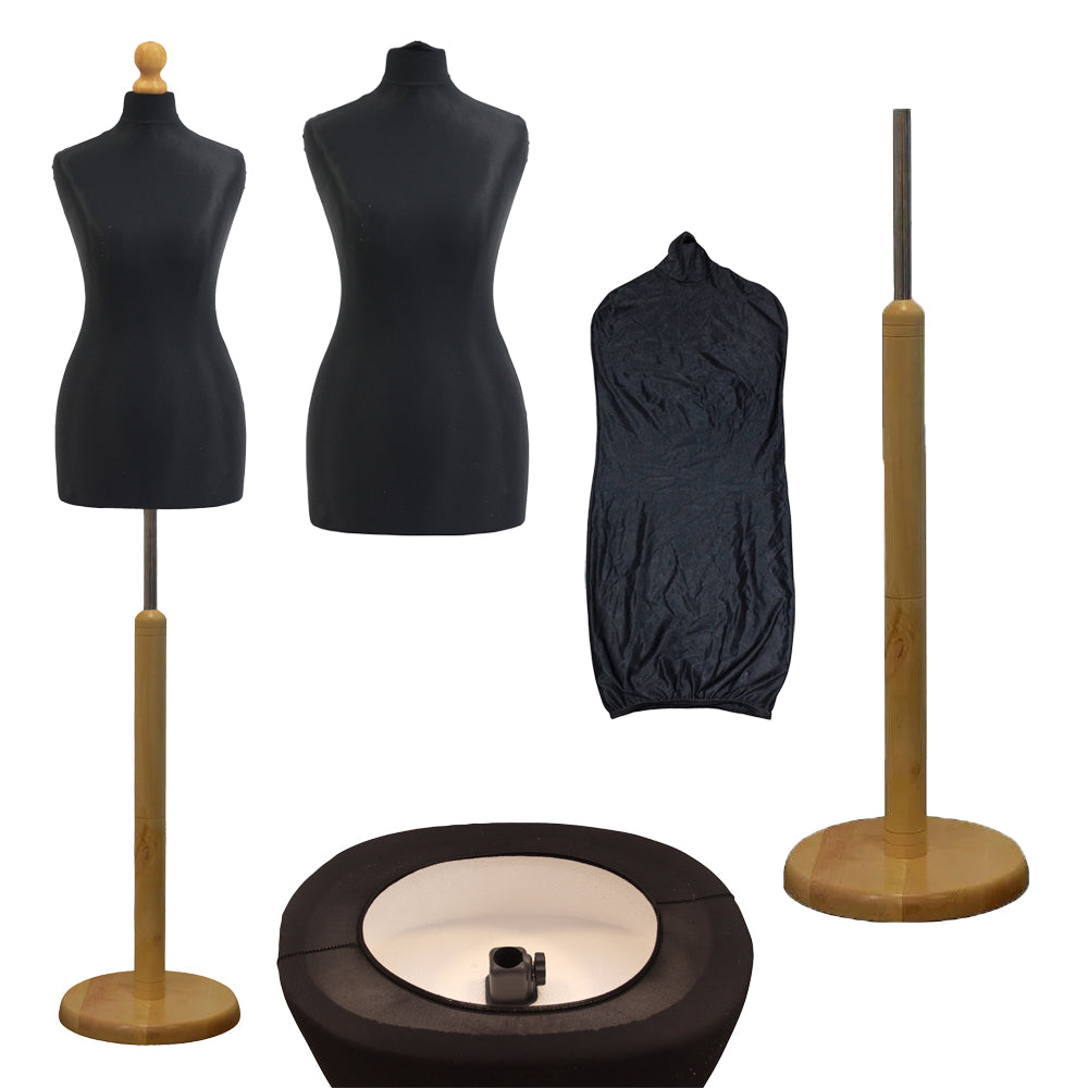 Display Geek Female Dressmakers Dummy Black Torso with Lightwood Round Base Stand Display Geek Female Dressmakers Dummy Black Torso with Lightwood Round Base Stand