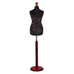 Female dressmakers dummy with brown floral pattern on black torso and red wood round base, adjustable height, ideal for sewing and display.