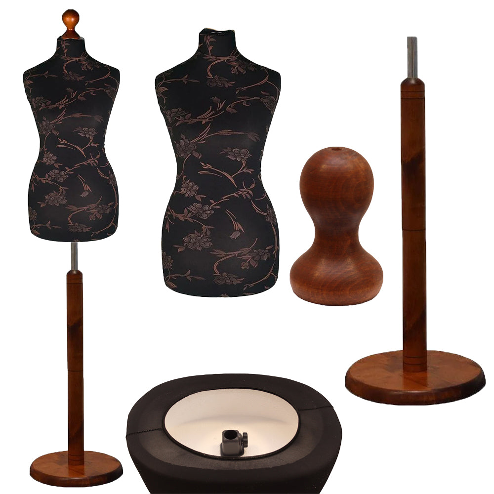 Display Geek Female Dressmakers Dummy Mannequin Brown Flower on Black Torso with Dark wood Round Base Stand Display Geek Female Dressmakers Dummy Mannequin Brown Flower on Black Torso with Dark wood Round Base Stand