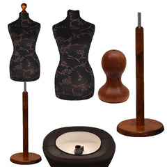 Display Geek Female Dressmakers Dummy Mannequin Brown Flower on Black Torso with Dark wood Round Base Stand
