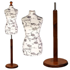 Female Dressmakers Mannequin Black Floral with Dark Wood Round Stand