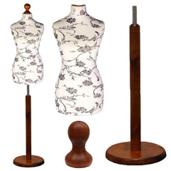 Female Dressmakers Mannequin Black Floral with Dark Wood Round Stand