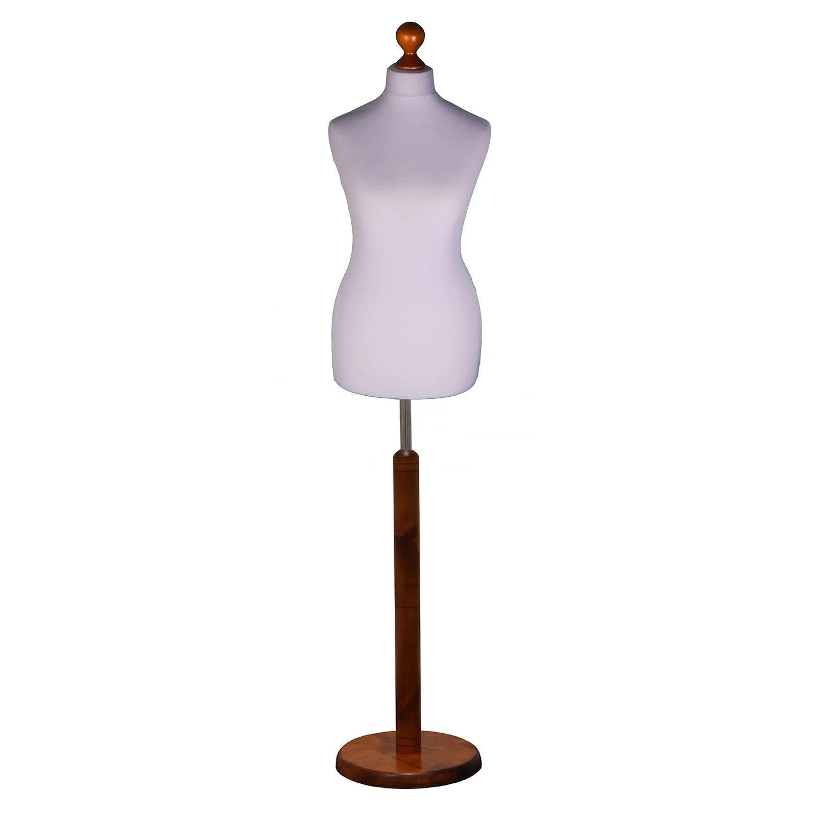 Silver female dressmakers dummy with dark wood round base, adjustable height, ideal for sewing, tailoring, and display.