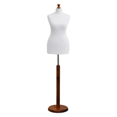 White female dressmakers dummy with dark wood round base, adjustable height, ideal for sewing, tailoring, and display.