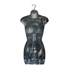 Hanging chrome female torso mannequin for showcasing apparel in retail and exhibitions.