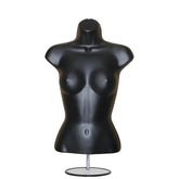Female Black 3 Quarter Plastic Body Form Mannequin with Round base stand