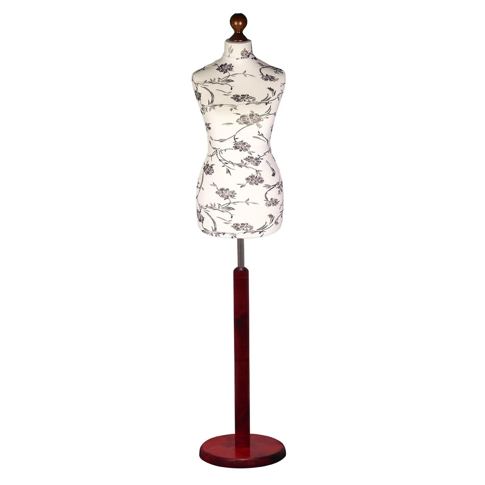 Female Dressmakers Mannequin Black Floral with Red Wood Round Stand