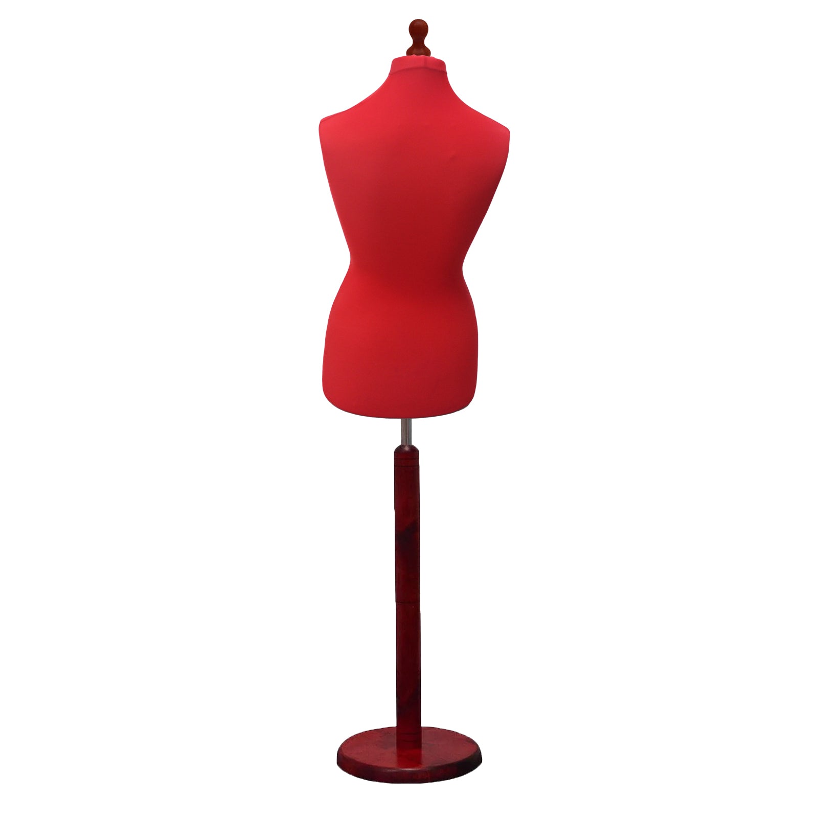 Display Geek Female Dressmakers Dummy Red Torso with Redwood Round Base Stand Display Geek Female Dressmakers Dummy Red Torso with Redwood Round Base Stand