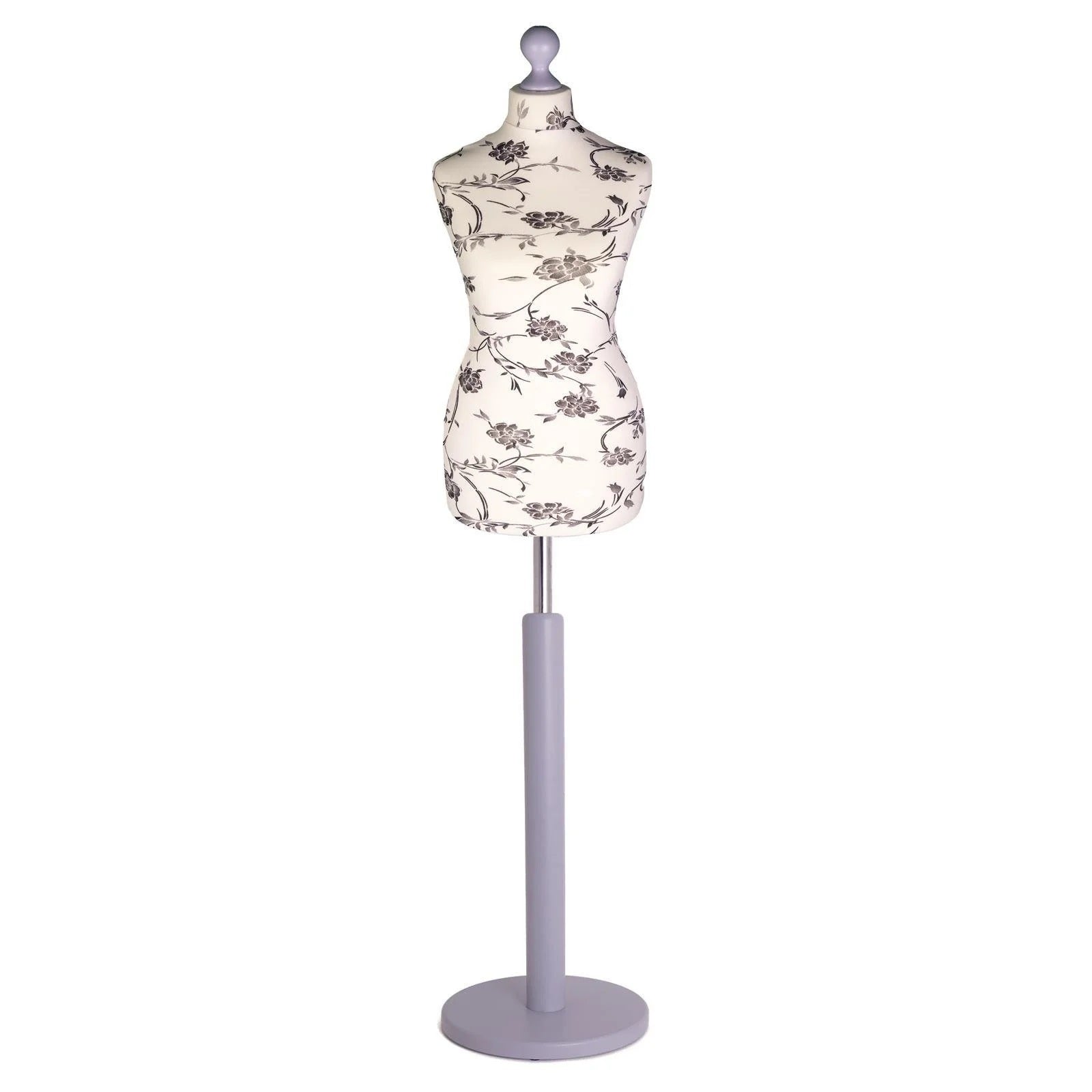 Female Dressmakers Mannequin Black Floral with Silver Wood Round Stand