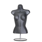 Female Silver 3 Quarter Plastic Body Form Mannequin with Round base stand