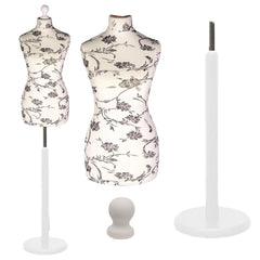 Female Dressmakers Dummy Mannequin Black Floral with White Wood Round Stand