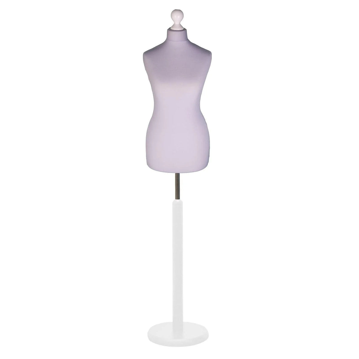 Display Geek Female Dressmakers Dummy Silver Torso with Whitewood Round Base Stand