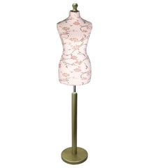 Display Geek Female Dressmakers Dummy Mannequin Brown Flower on Cream Torso with Gold Wood Round Base Stand