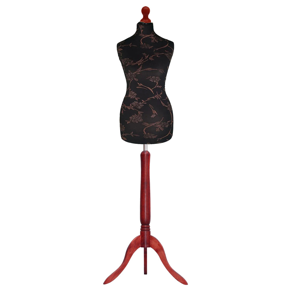 Female Dressmakers Mannequin Brown Floral on Black with choice of Tripod stands Female Dressmakers Mannequin Brown Floral on Black with choice of Tripod stands