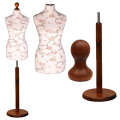 Display Geek Female Dressmakers Dummy Mannequin Brown Flower on Cream Torso with Dark wood Round Base Stand