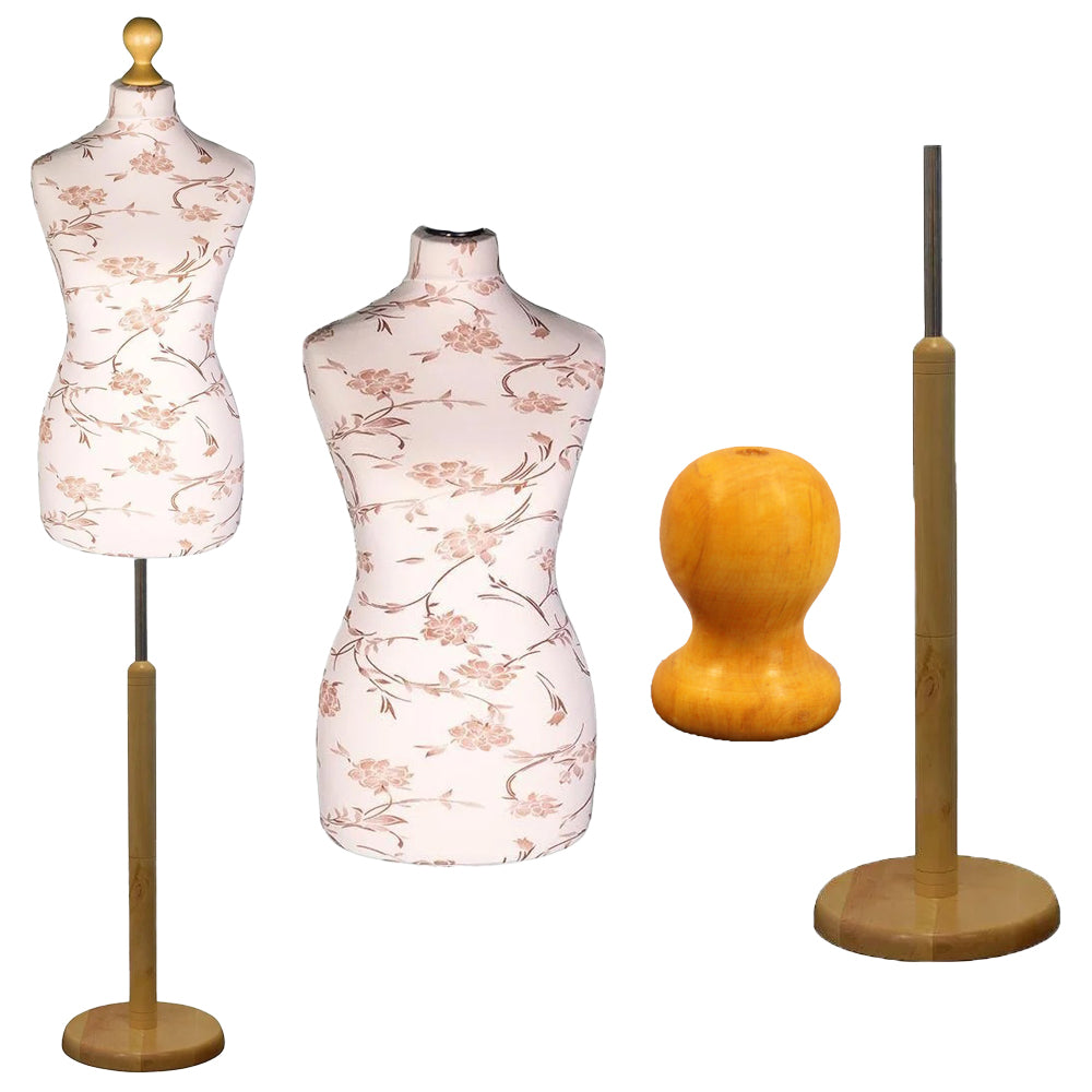 Display Geek Female Dressmakers Dummy Mannequin Brown Flower on Cream Torso with Light Wood Round Base Stand Display Geek Female Dressmakers Dummy Mannequin Brown Flower on Cream Torso with Light Wood Round Base Stand