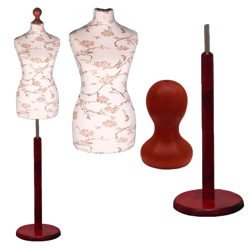 Display Geek Female Dressmakers Dummy Mannequin Brown Flower on Cream Torso with Red Wood Round Base Stand Display Geek Female Dressmakers Dummy Mannequin Brown Flower on Cream Torso with Red Wood Round Base Stand