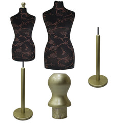 Display Geek Female Dressmakers Dummy Mannequin Brown Flower on Black Torso with Gold wood Round Base Stand