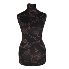 Display Geek Female Dressmakers Dummy Mannequin Brown Flower on Black Torso with Whitewood Round Base Stand