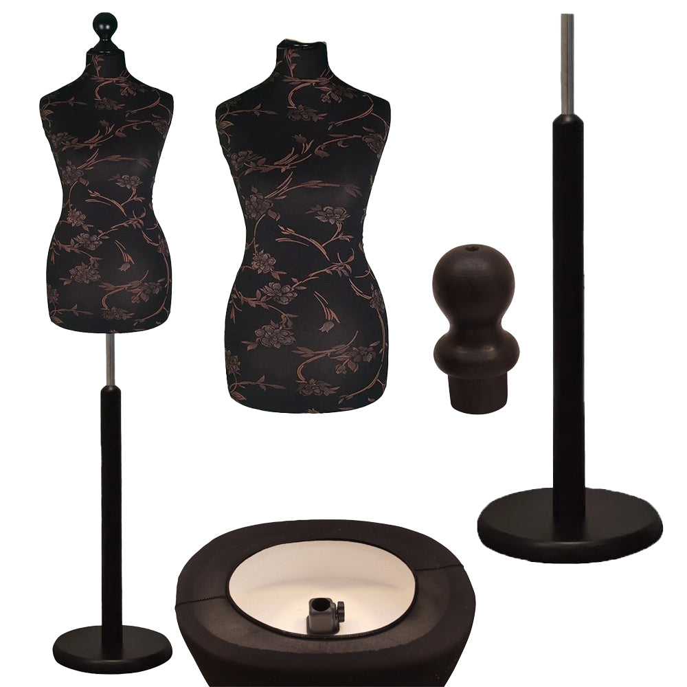 Display Geek Female Dressmakers Dummy Mannequin Brown Flower on Black Torso with Blackwood Round Base Stand Display Geek Female Dressmakers Dummy Mannequin Brown Flower on Black Torso with Blackwood Round Base Stand