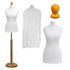 Display Geek Female Dressmakers Dummy White Torso with Light wood Round Base Stand