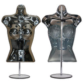 Female shiny Chrome 3 Quarter Plastic Body Form Mannequin with Round base stand