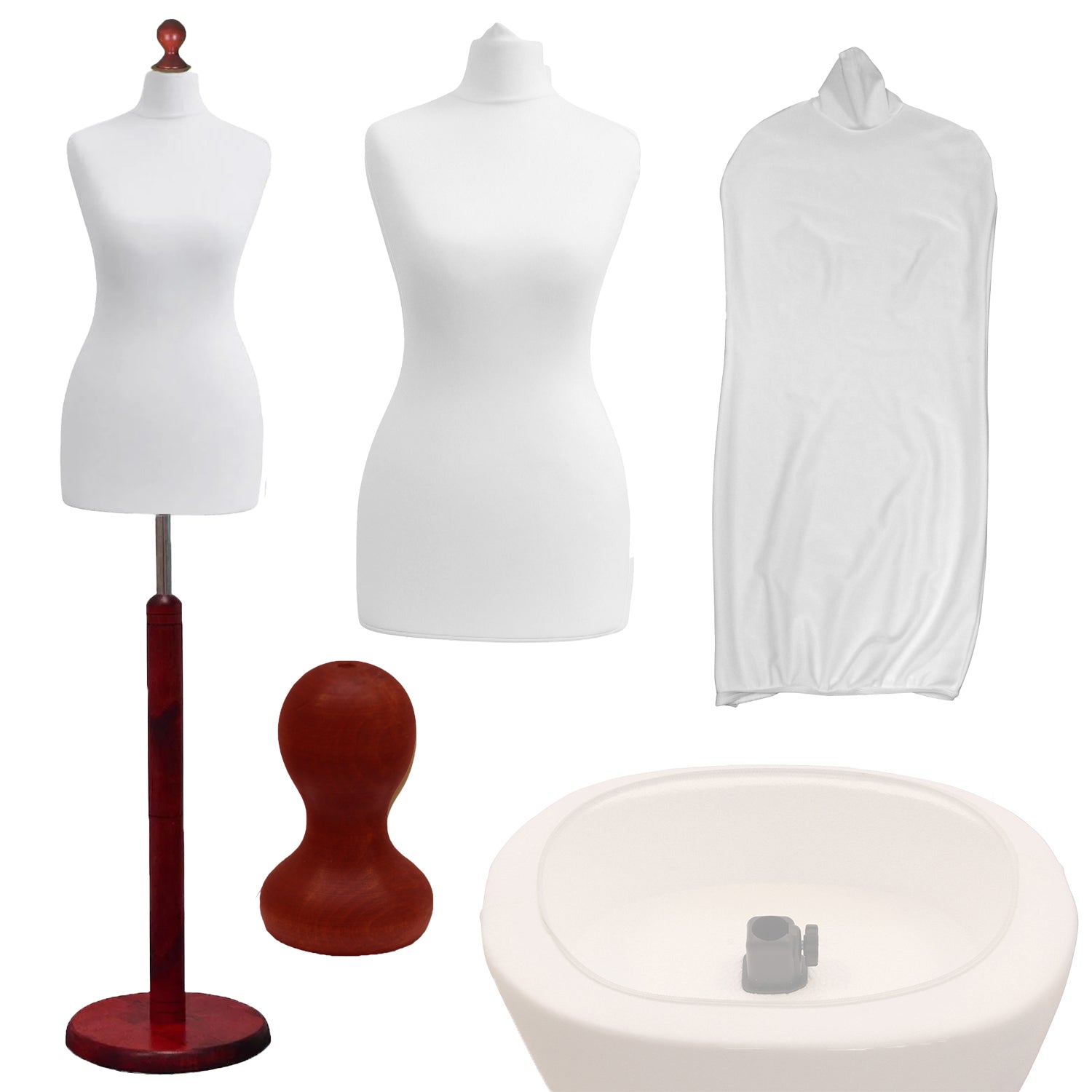 Display Geek Female Dressmakers Dummy White Torso with Redwood Round Base Stand Display Geek Female Dressmakers Dummy White Torso with Redwood Round Base Stand