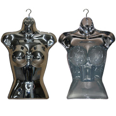 Female Shiny chrome 3 Quarter Hanging Body Form Mannequin front back