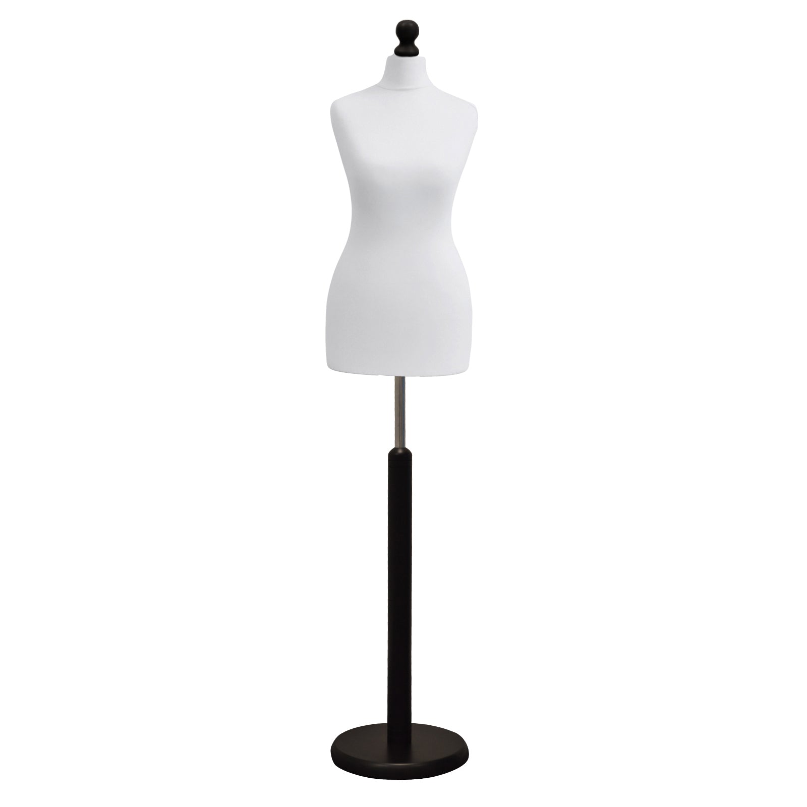 Female Tailors Mannequin White with Choice of Blackwood Round Base Stands
