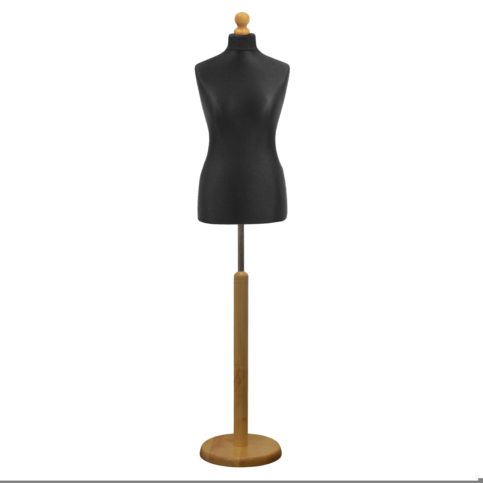 Female Tailors Mannequin Black with Choice of Lightwood Round Base Stands