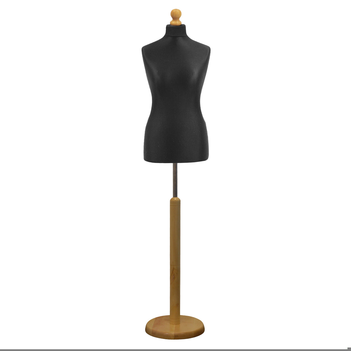 Female Tailors Mannequin Black with Choice of Lightwood Round Base Stands