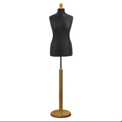 Female Tailors Mannequin Black with Choice of Lightwood Round Base Stands