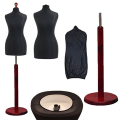 Display Geek Female Tailors Dummy – Black Torso with Red wood Round base Stand