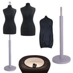 Display Geek Female Dressmakers Dummy Black Torso with Silver Round Base Stand