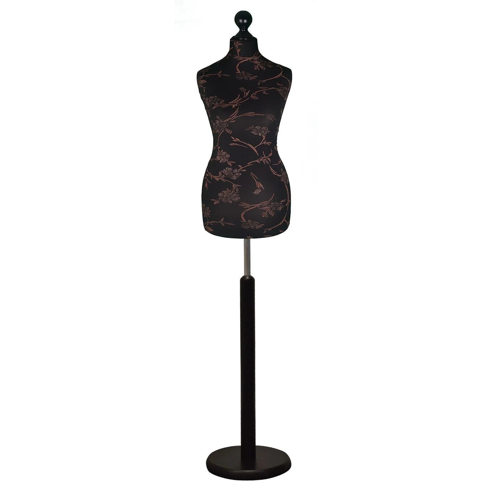 Female Tailors Dummy Brown Floral On Black with Choice of Black Round Base Stands