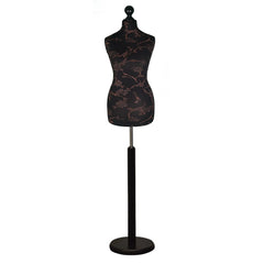 Female Tailors Dummy Brown Floral On Black with Choice of Black Round Base Stands