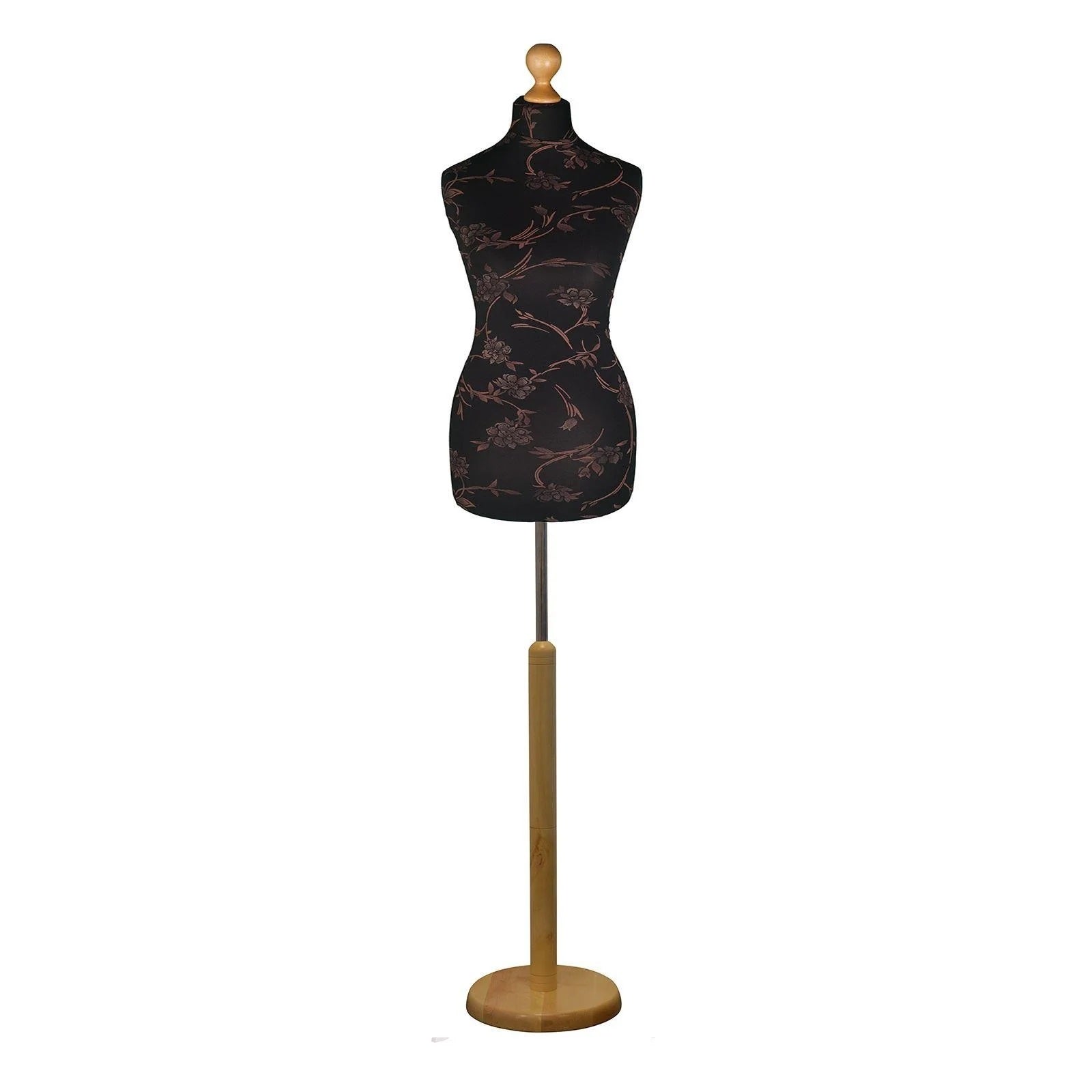 Female Tailors Dummy Brown Floral On Black with Choice of Lightwood Round Base Stands