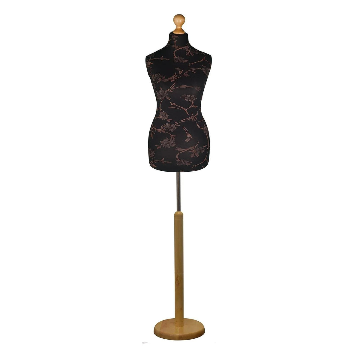 Female Tailors Dummy Brown Floral On Black with Choice of Lightwood Round Base Stands
