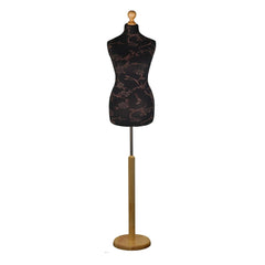 Female Tailors Dummy Brown Floral On Black with Choice of Lightwood Round Base Stands