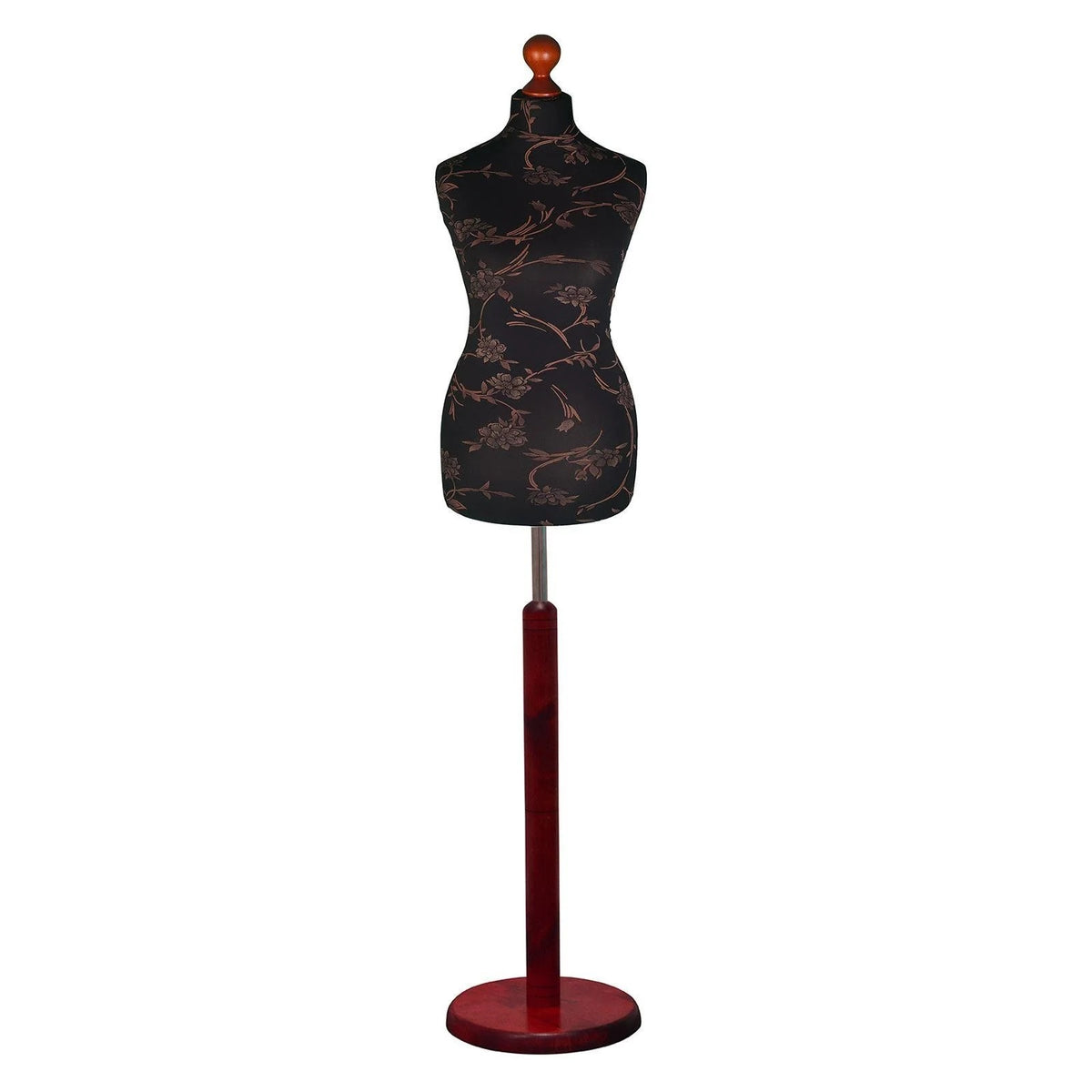 Female dressmakers dummy with brown floral pattern on black torso and red wood round base, adjustable height, ideal for sewing and display.