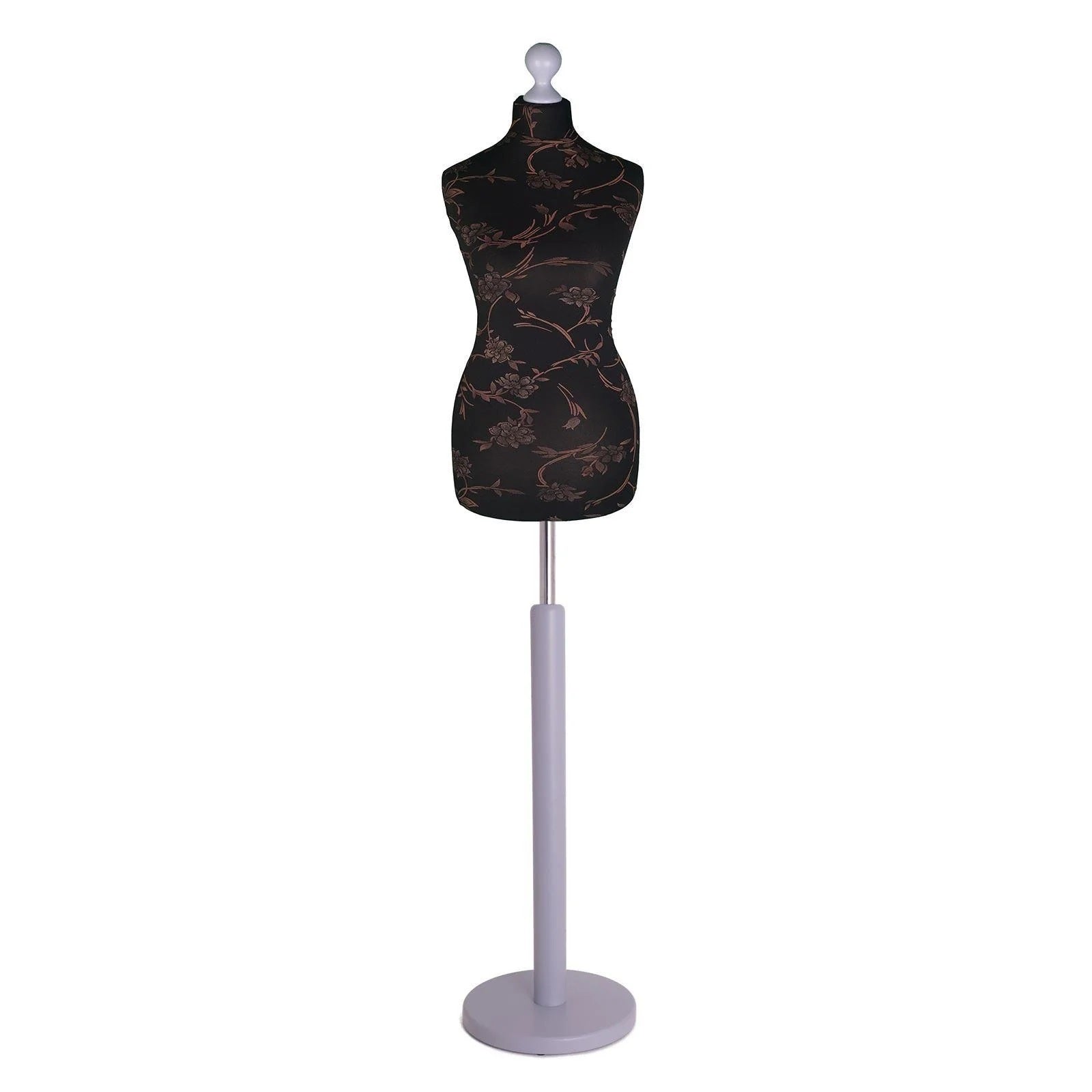 Female Tailors Dummy Brown Floral On Black with Choice of Silver Round Base Stands
