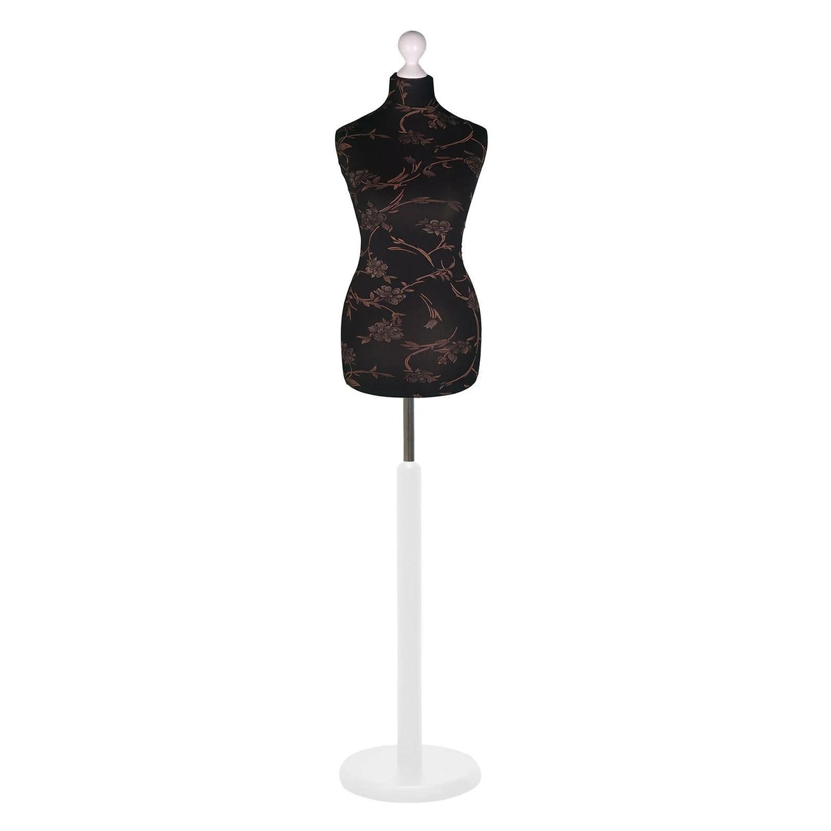 Display Geek Female Dressmakers Dummy Mannequin Brown Flower on Black Torso with Whitewood Round Base Stand