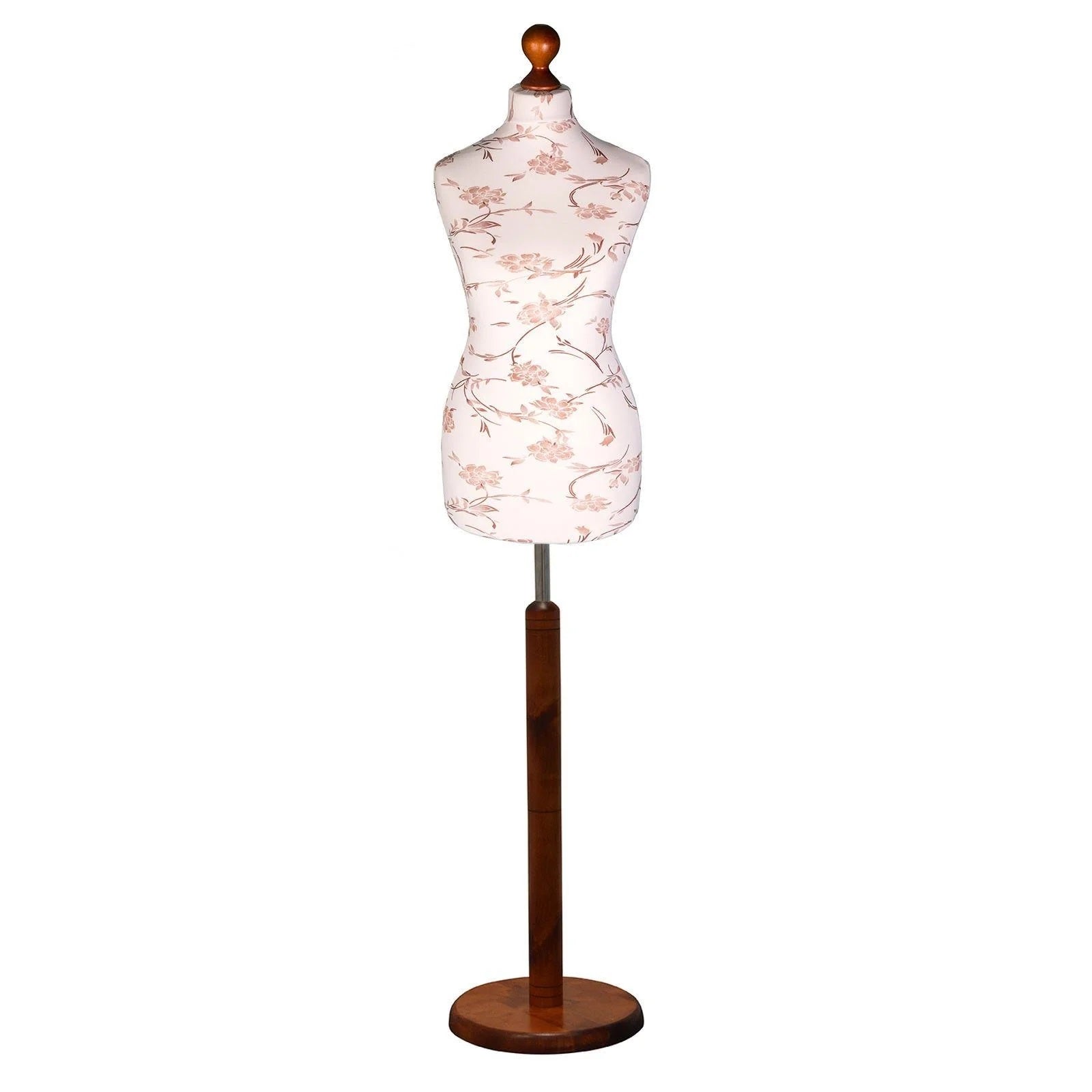 Female dressmakers dummy with brown floral pattern on cream torso and dark wood round base, adjustable height, ideal for sewing and display.